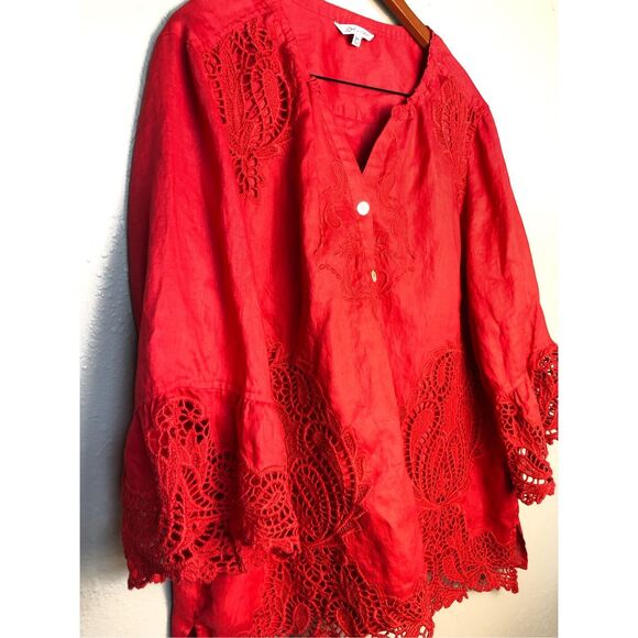 John Mark Scottsdale Classic Red LINEN/LACE Embroidered Blouse Tunic S Bell Slee - Picture 5 of 16